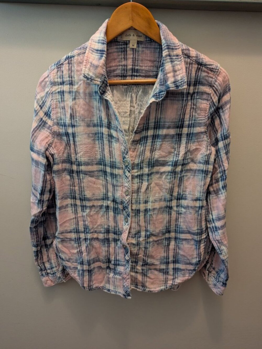 M 100% cotton gauze pink blue plaid shirt Cloth & Stone